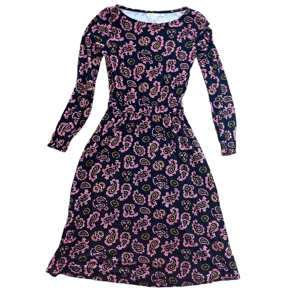 Boden Evelyn Azalea Paisley MIDI Dress Black Pink Size 2 Long Sleeve Boho Preppy